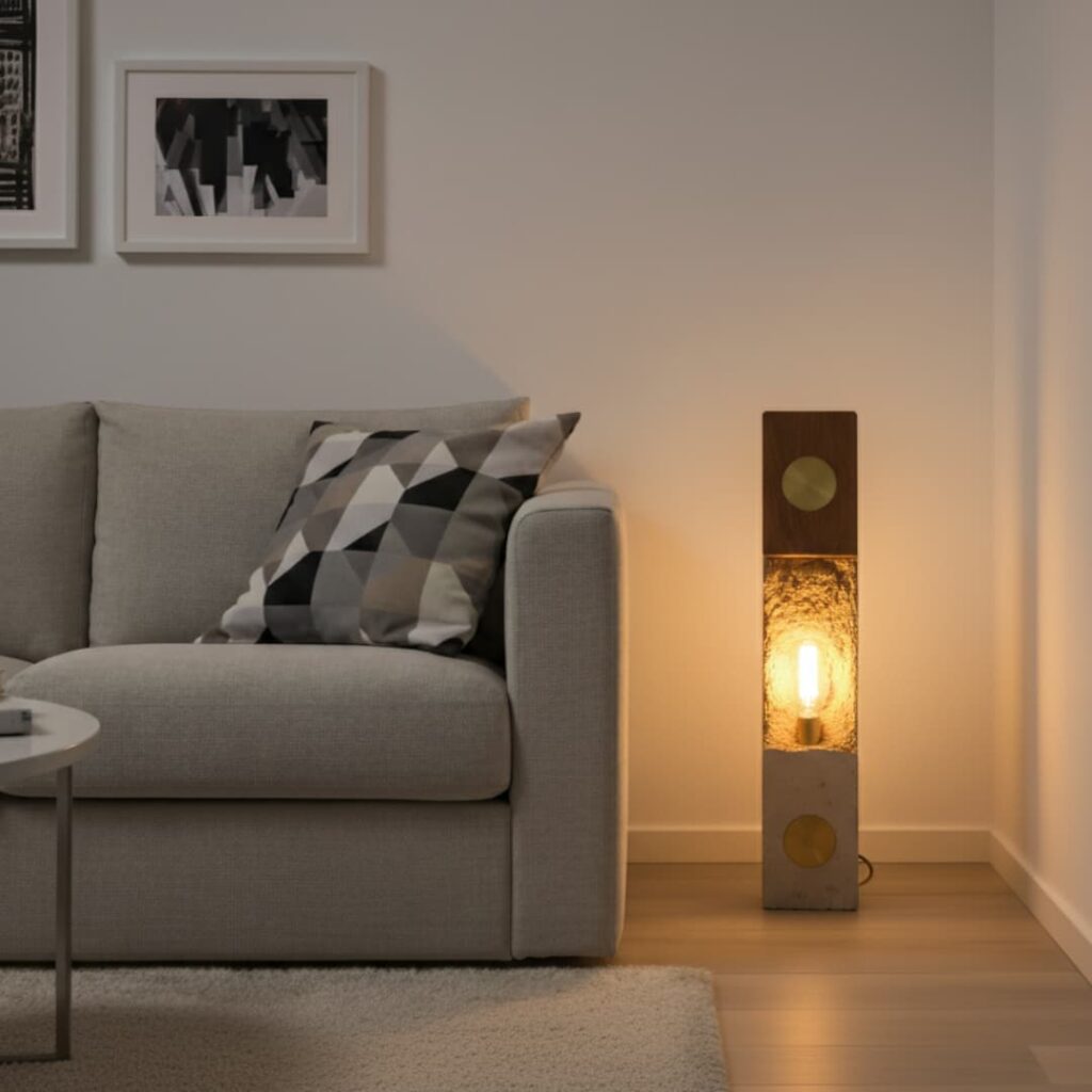 Photo d'une lampe artisanale reflets de soleil éclairée